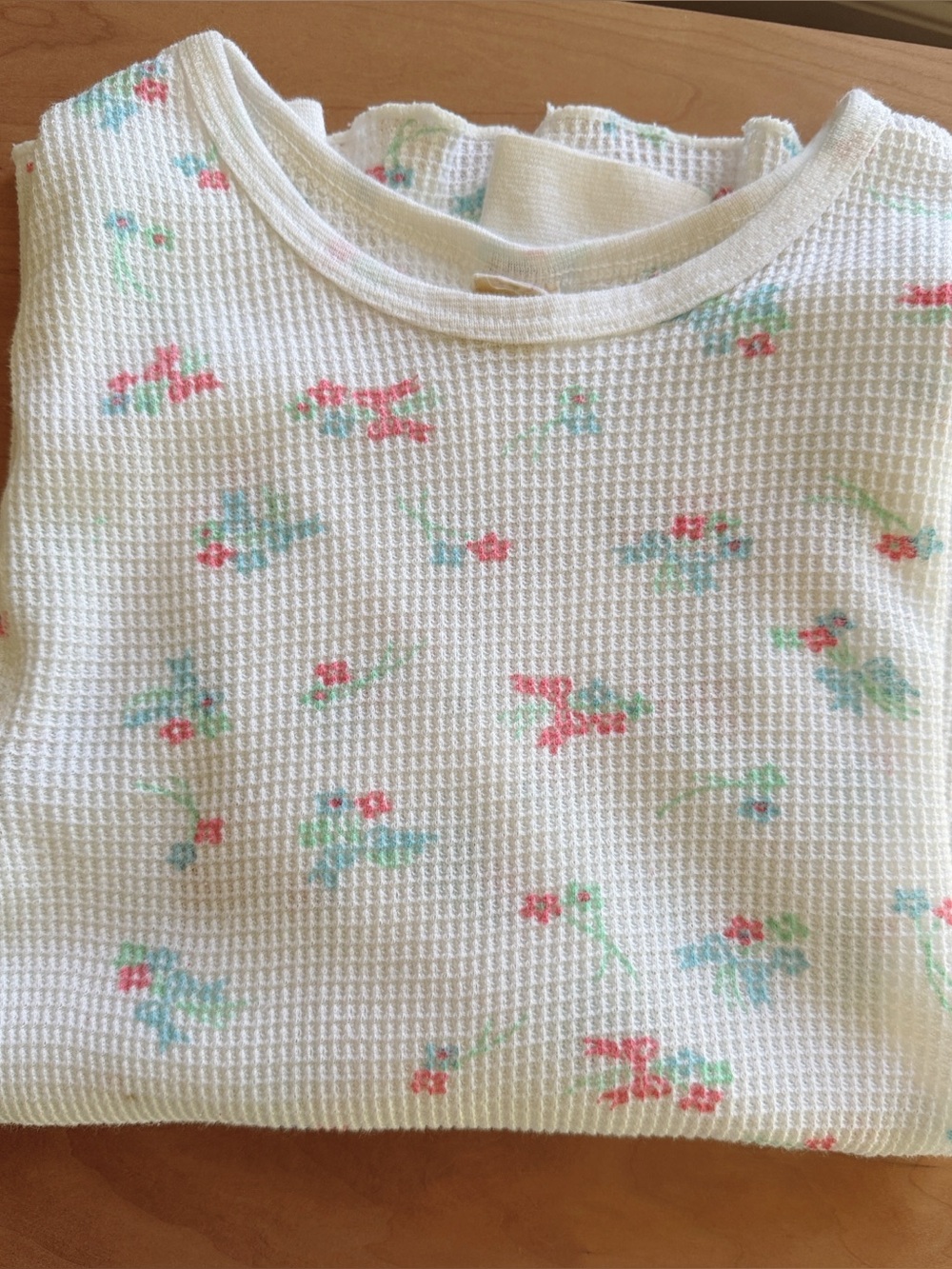 Vintage Bow and Flower print white pajama set waffle long underwear size medium